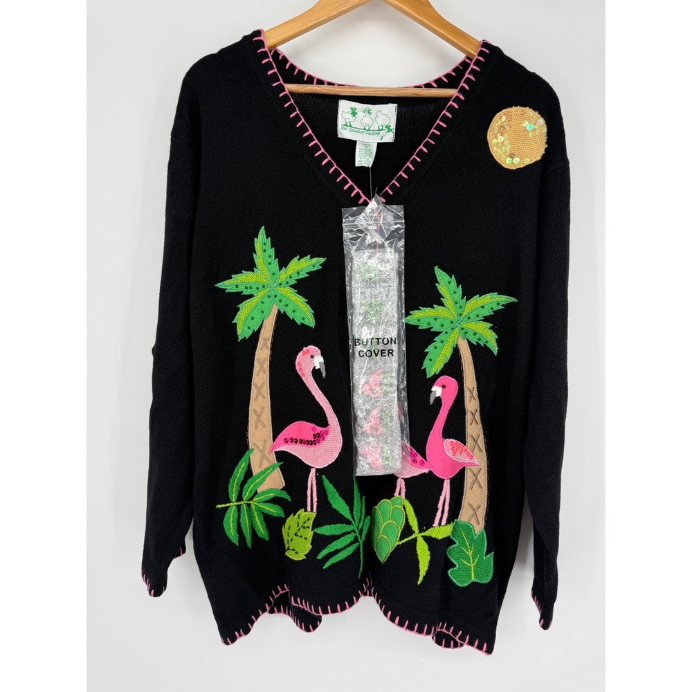 NEW VTG Quacker Factory Flamingo Button Palm Tree Embroidered Sweater Sz 1X 90s
